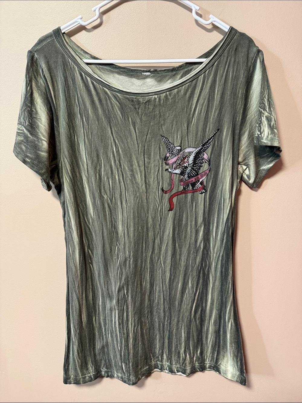 Ed Hardy Olive Green Short Sleeve Graphic Tee with Pink & Red Accent